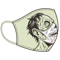 A stylized illustration of a zombie wearing a protective face mask with a menacing grin and bloody lips against a white background