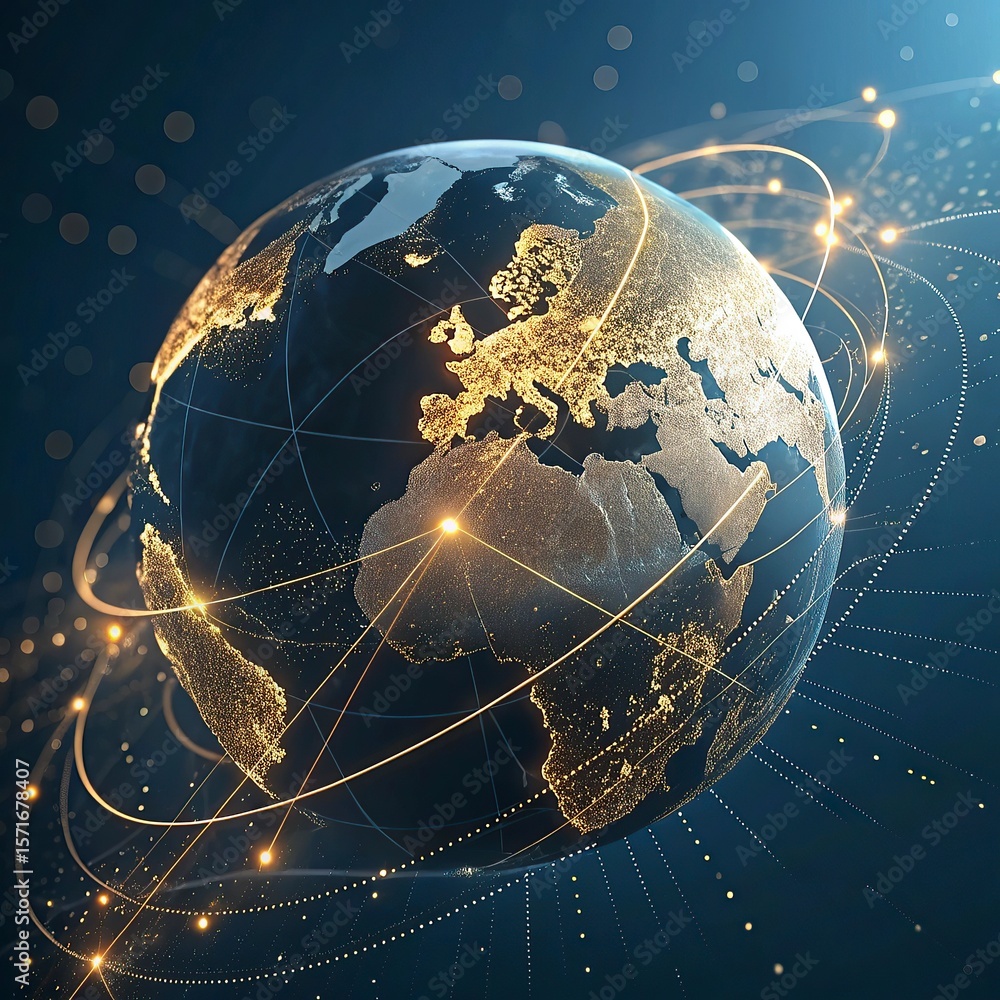Poster globe with glowing city and skyscrapers on the background. global business concept. 3d rendering,glo