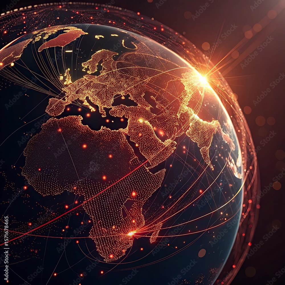 Poster globe with glowing city and skyscrapers on the background. global business concept. 3d rendering,glo