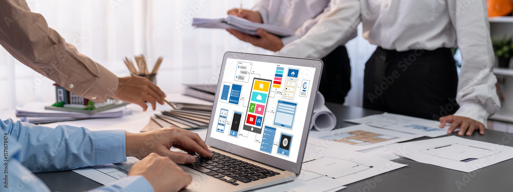Poster group of interior architect designer discussing together on blueprint and laptop screen display arch