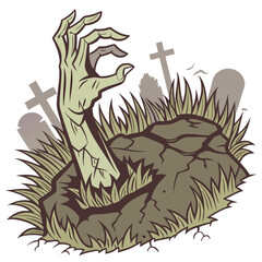A pale green zombie hand emerges from the cracked earth and overgrown grass of a graveyard with tombstones and crosses in the background