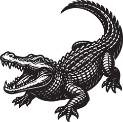 Aggressive Alligator Vector Illustration with Open Mouth in Black and White Style on Isolated Background
