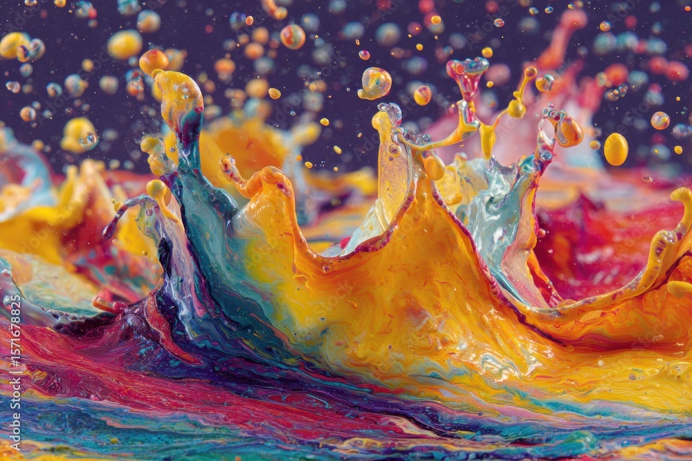 Poster exploding liquid paint creates vibrant rainbow splashes in an artistic display of color and motion c