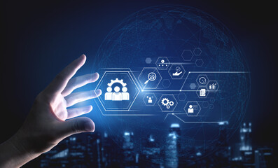 Business management system showing teamwork, productivity, and planning. Management supports goal,...