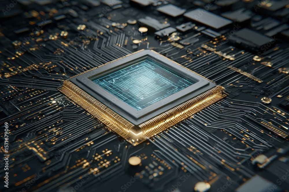 Poster high resolution depiction of a modern microprocessor embedded in a circuit board showcasing intricat