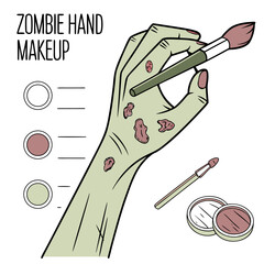 Illustration of a pale green zombie hand with decaying skin patches being applied with makeup using a brush and makeup palettes for halloween
