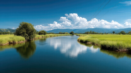 Fototapeta premium Tranquil river landscape with lush green grass, blue sky, white clouds, and distant mountains reflecting in calm water