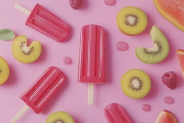 Popsicles and fresh fruit slices compose a colorful pattern on a smooth pink backdrop above