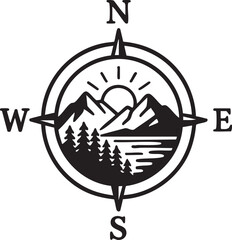Compass Rose with Mountain Landscape and Sunrise Black and White Vector Illustration for Travel and Adventure