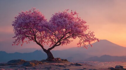 A stunning cherry blossom tree is shaped like a heart, blooming vibrantly against a tranquil sunset backdrop with mountains in the distance. Peaceful and enchanting atmosphere.