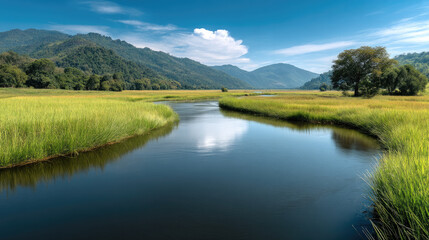 Serene river lush green grass blue sky distant mountain tranquil landscape peaceful nature reflection summer day