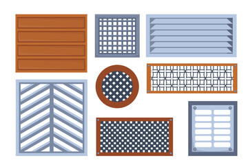 Set of ventilation grilles in cartoon style. Vector illustration of steel, metal ventilation shutters with holes, different designs and shapes: square, rectangular, round isolated on white background.