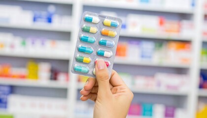 Human hand holding capsule blister pack in pharmacy