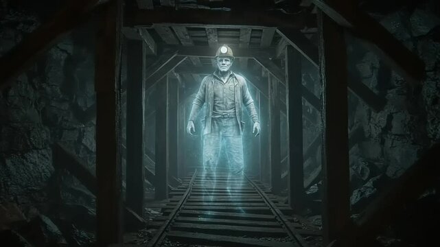 Eerie Ghostly Miner Apparition in Underground Coal Mine Tunnel with Headlamp