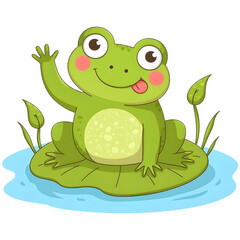Naklejka premium Cute cartoon frog waving on lily pad – happy green frog with tongue out, fun amphibian illustration PNG for kids, playful frog clipart with smile