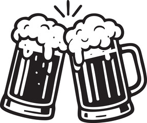 Two Beer Mugs Clinking Together in a Celebration Toast Drawn in Black and White