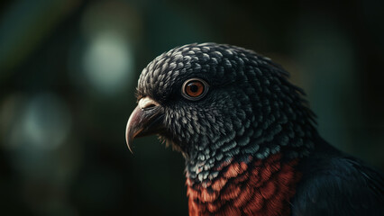 Close-Up Portrait of a Striking Dark-Feathered Bird with Intense Red Eyes and a Sharp Beak, Set Against a Moody, Blurred Green Background