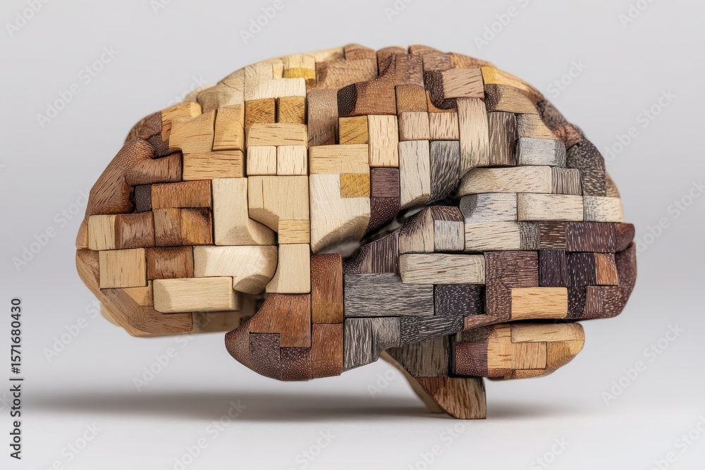 Poster brain shape crafted from varied wooden puzzle blocks showcasing intricate design and unique textures