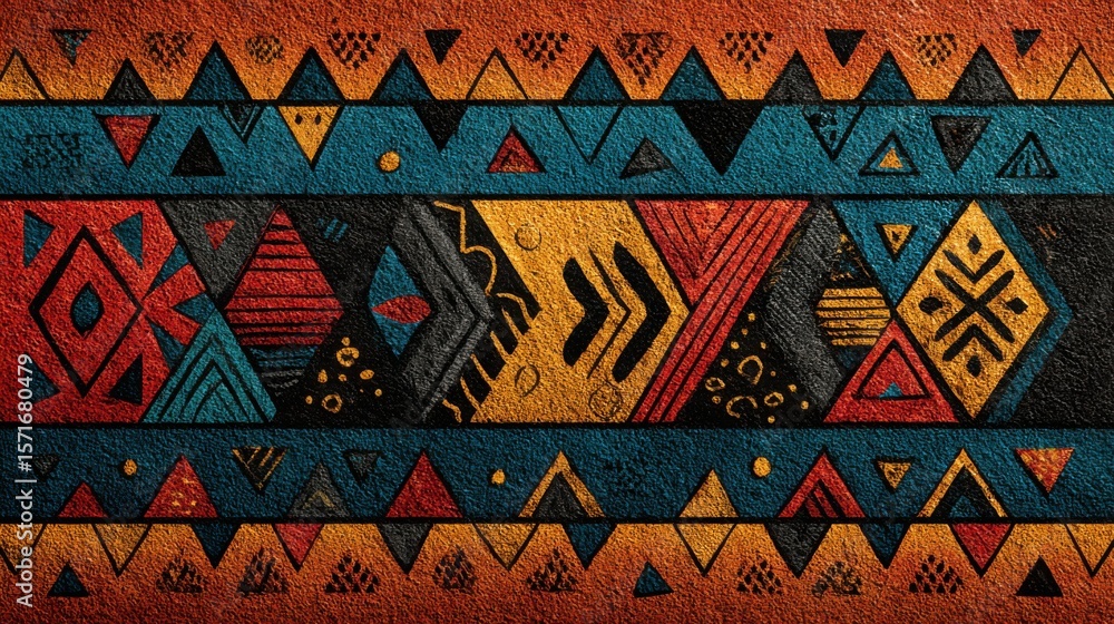 Poster a vibrant textile displays a series of geometric patterns in bold colors. the design features triang