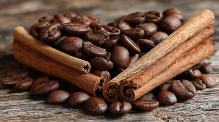 A heart shape formed with cinnamon sticks and roasted coffee beans. The rich brown colors complement the warm tones of the rustic wooden background, creating a cozy feeling.