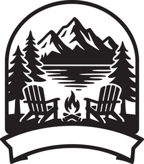 Black and White Camping Scene with Mountains Lake Chairs and Campfire Vector Illustration