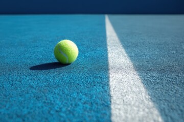 Tennis ball resting on a vibrant blue tennis court beside a crisp white line during daytime