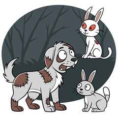 A startled zombie dog with stitched patches stands in a spooky forest and looks at two curious rabbits one with glowing red eyes