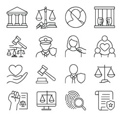 Justice and law collection, legal icon set. policy and courtroom symbols