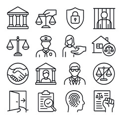 Justice and legal icon collection, law symbols set. legal system and justice themes
