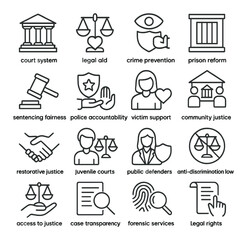 Justice icons collection, law and fairness symbols. legal aid and rights design set