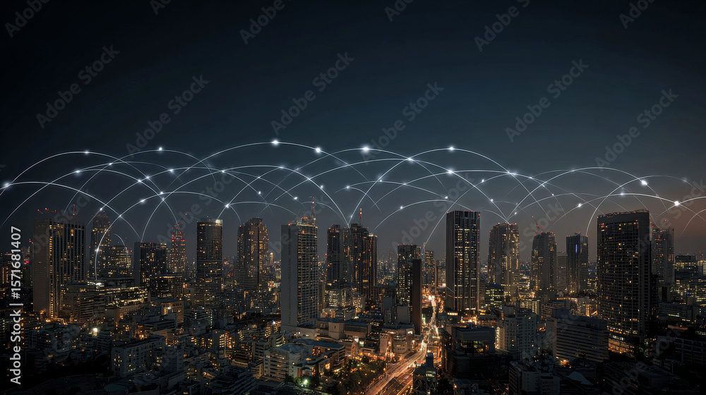 Poster modern city with wireless network connection and city scape concept.wireless network and connection 