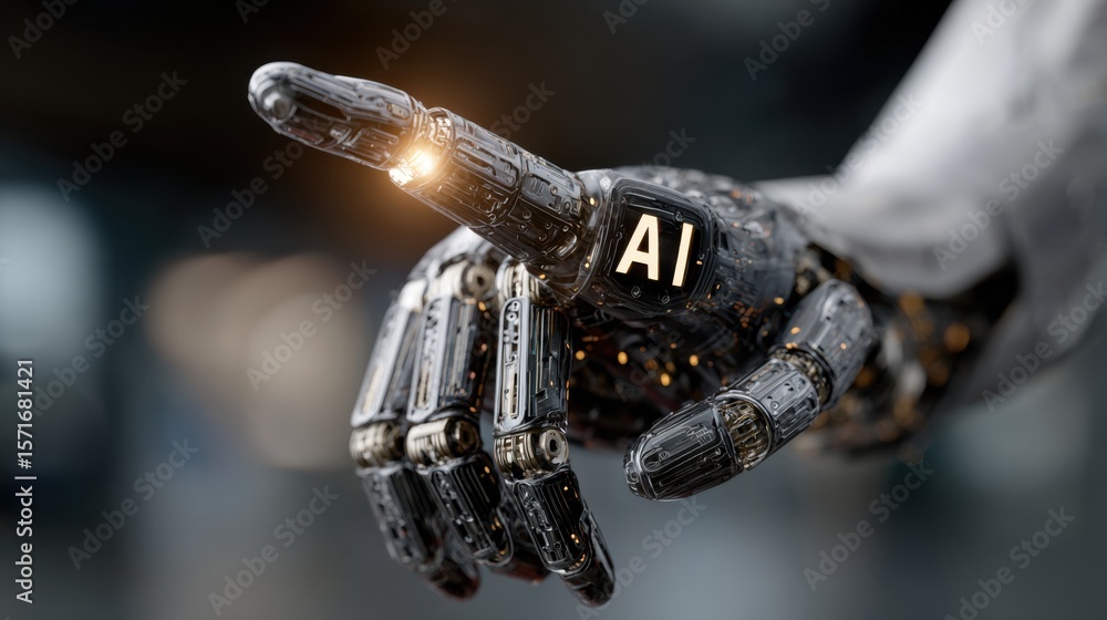 Aufkleber a futuristic robotic hand extends forward, illuminated by a glowing light. letters on the hand read 
