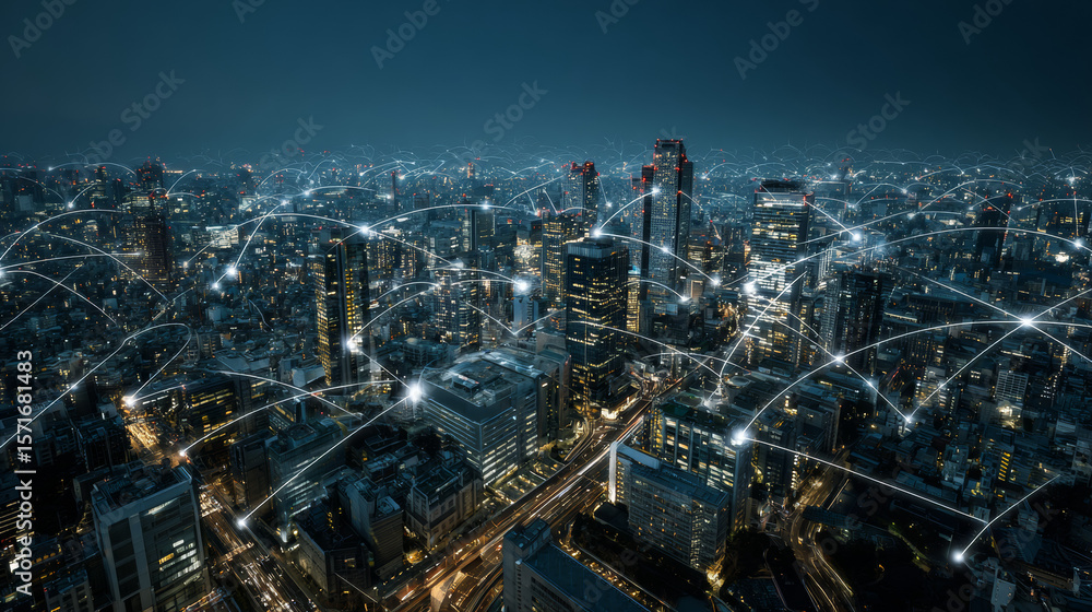 Poster modern city with wireless network connection and city scape concept.wireless network and connection 