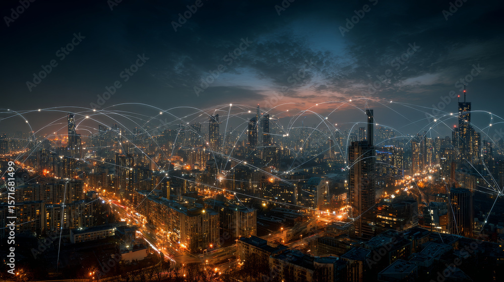 Poster modern city with wireless network connection and city scape concept.wireless network and connection 