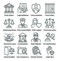 Justice system icon collection: legal, crime prevention, rights symbols