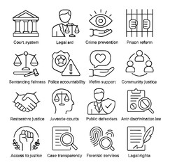 Justice icons collection: legal aid, crime prevention, and community justice design set