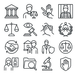 Justice system icon collection, law and legal symbols. court and judiciary set