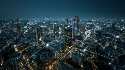 Fototapeta premium Modern city with wireless network connection and city scape concept.Wireless network and Connection technology concept with city background at night.