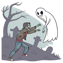 A cartoon zombie lunges forward with outstretched arms towards a menacing white ghost in a spooky graveyard setting with tombstones and a bare tree