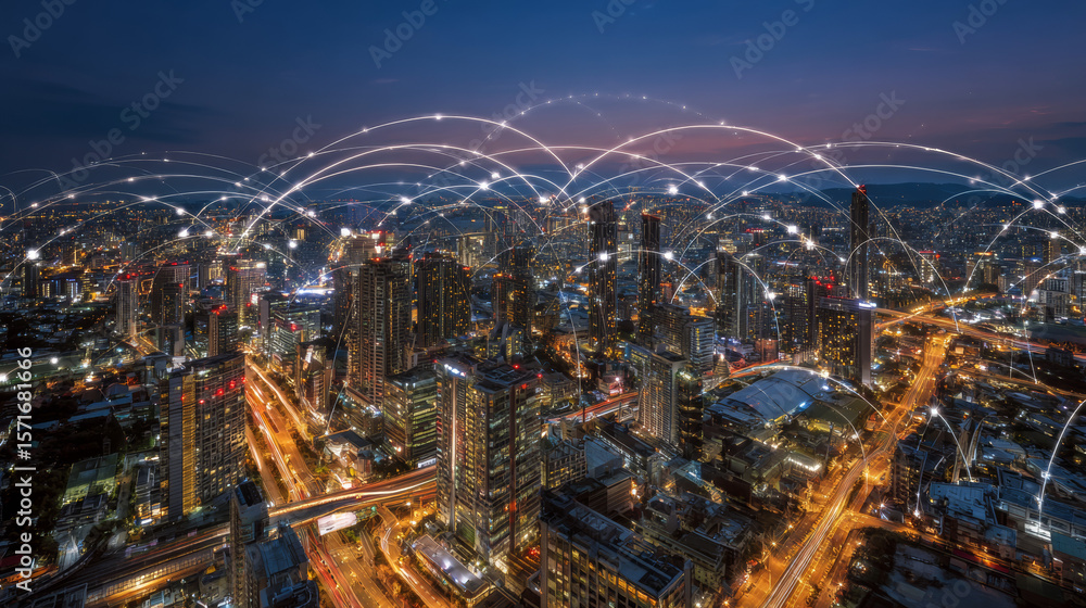 Poster modern city with wireless network connection and city scape concept.wireless network and connection 