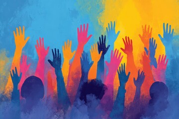 People gathering to celebrate diversity with raised hands during a vibrant outdoor event in a colorful atmosphere