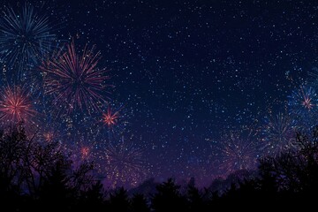 Fireworks illuminate the night sky over a serene landscape, creating a vibrant display of colors against a starry backdrop