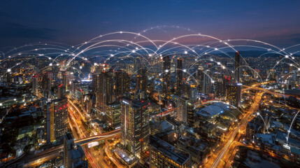 Obraz premium Modern city with wireless network connection and city scape concept.Wireless network and Connection technology concept with city background at night.