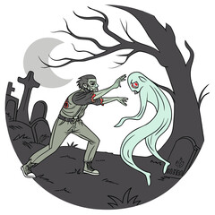 A zombie and a ghost confront each other in a spooky graveyard under a crescent moon with bare trees and tombstones