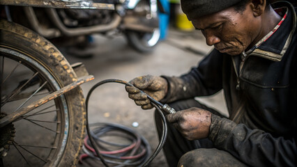 A focused mechanic in a cap meticulously examines a motorcycle cable in his workshop, ensuring optimal performance and safety