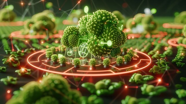 Tech-driven farming system with data collection sensors and financial yield projections. 32k, full ultra HD, high resolution