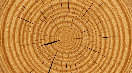 cross-section of an evergreen tree trunk, revealing its growth rings. Each ring tells a story, with varying thicknesses and subtle color changes. Show the deep heartwood and the lighter sapwood