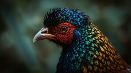 Close-Up Portrait of a Dazzling Lady Amherst's Pheasant with Iridescent Plumage and Intense Gaze