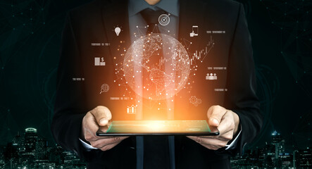 Global business network connecting digital economy and data exchange. Global business expands market, business shares data, global drives finance, and global business supports insight. Vouch