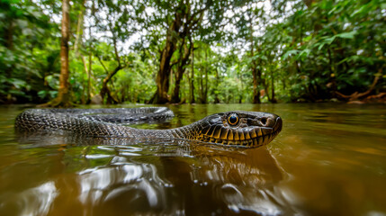 Fototapeta premium Crocodile resting in a jungle river with lush greenery in the background